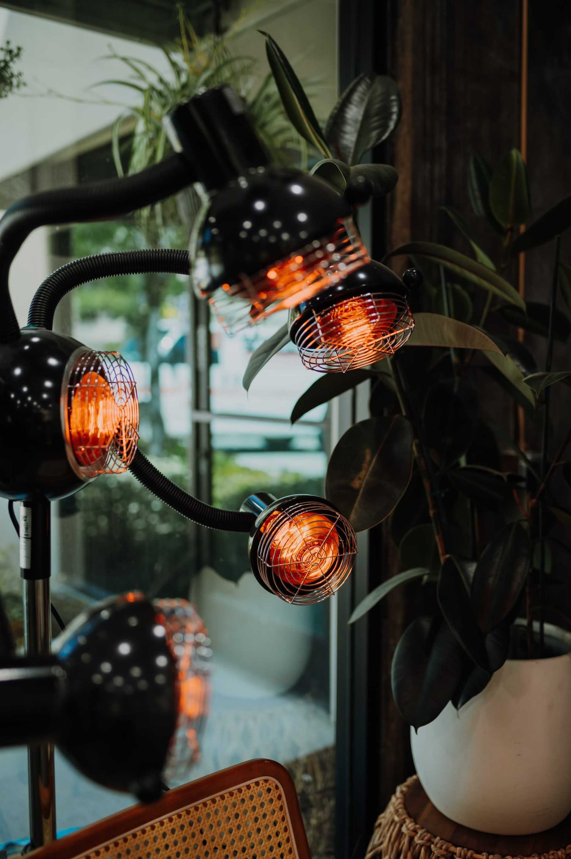 Modern black lamp with multiple glowing orange bulbs near a window and indoor plants.