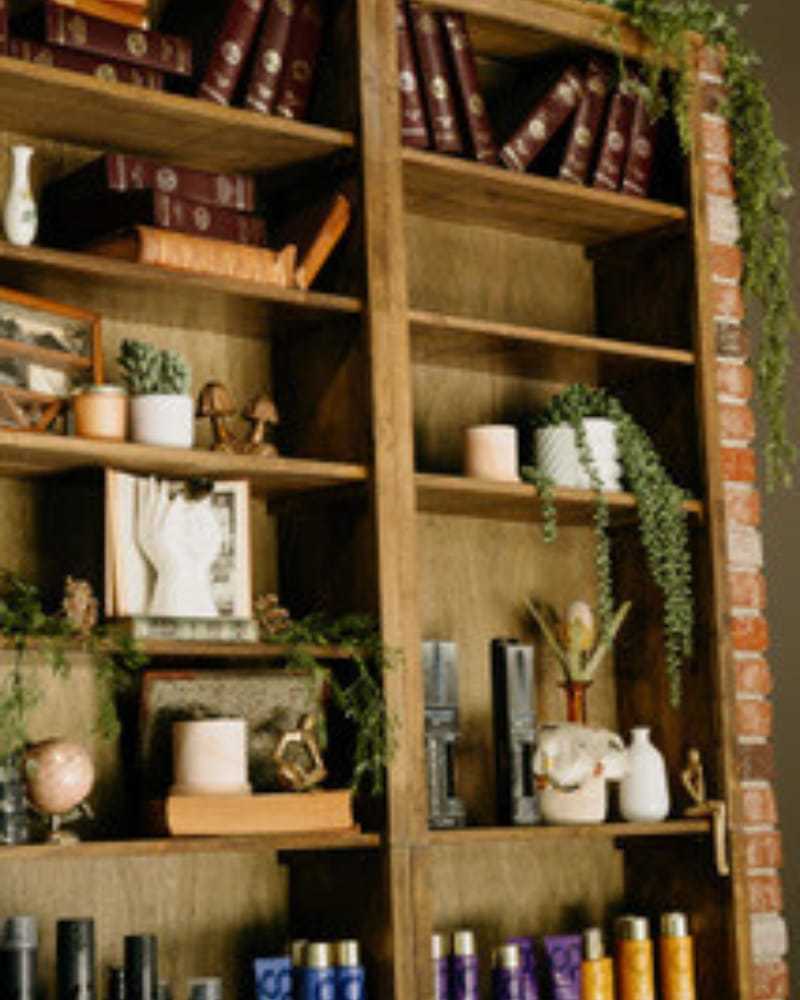 Wooden shelves with books, plants, candles, and decorative items.